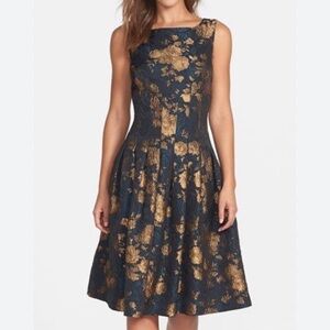 Cynthia Steffe Gabriella Gold Leaf Sleeveless Fit & Flare Dress Black Size 2